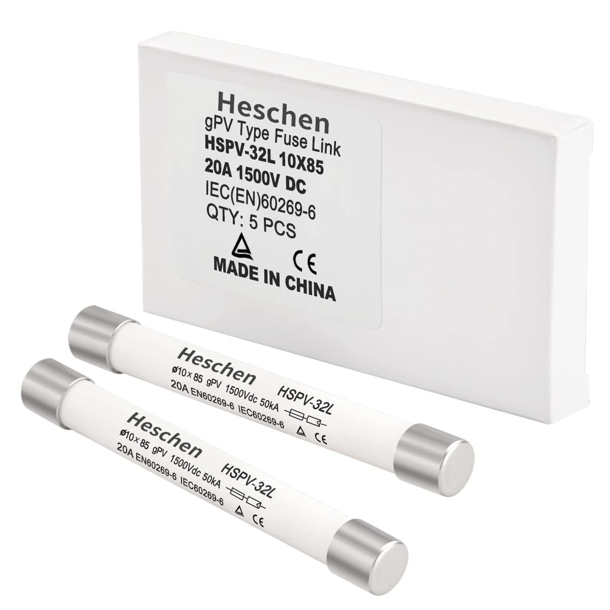 Solar DC1500V PV-Sicherung, Photovoltaik-Sicherungen, gPV-Typ Sicherungseinsatz, HSPV-32L, 10 x 85mm, 1500VDC, I1 50kA, zum Schutz von Solar-PV-Systemen, 5 Stück