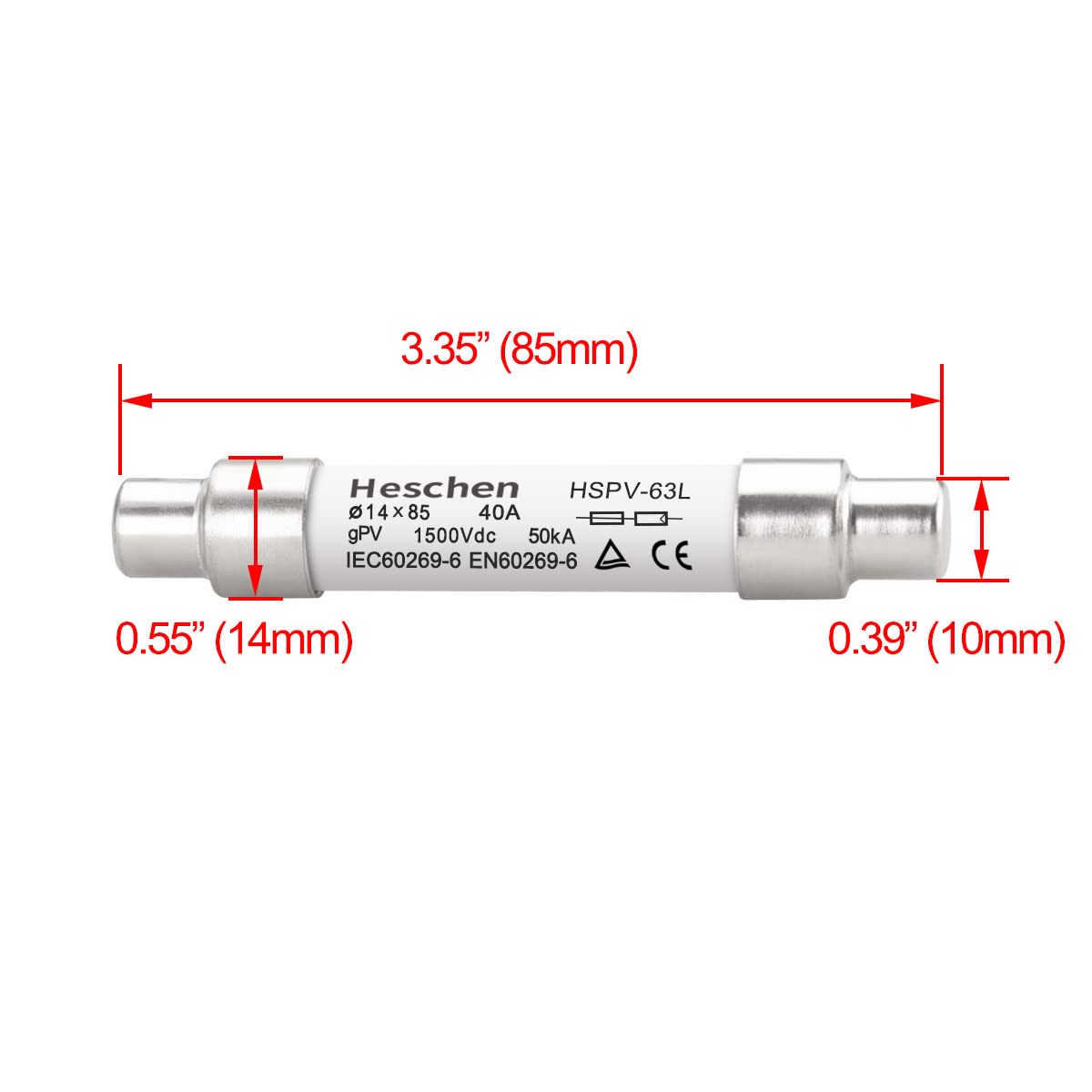 Solar DC1500V PV Fuse, Photovoltaic Fuses, gPV Type Fuse Link, HSPV-63L, 14 * 85mm, 1500VDC, I1 50kA, for Solar PV System Protection, 5PCS