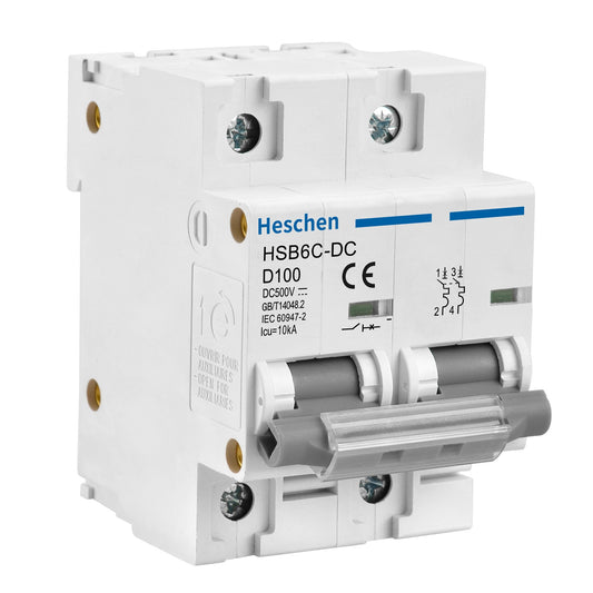 Heschen DC Miniatur-Schutzschalter, HSB6C-DC, 2 Pole, DC500V D80A/D100A/D125A, Photovoltaik polarisierter Schutzschalter, für Solar-PV-System Solar-Panels Netzsystem, 35mm DIN-Schienenmontage
