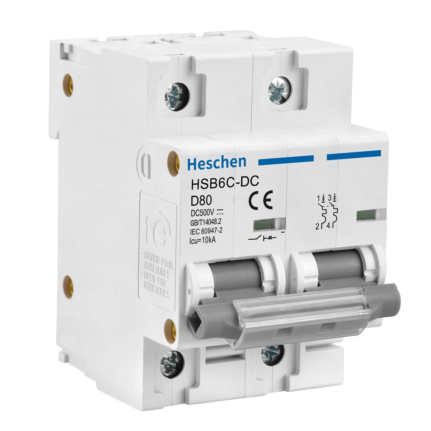 Heschen DC Miniatur-Schutzschalter, HSB6C-DC, 2 Pole, DC500V D80A/D100A/D125A, Photovoltaik polarisierter Schutzschalter, für Solar-PV-System Solar-Panels Netzsystem, 35mm DIN-Schienenmontage