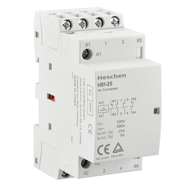 Household AC Contactor HS1-25 Ie 25A 4 Pole 2NO 2NC 12V Coil Voltage 35 mm DIN Rail Mount