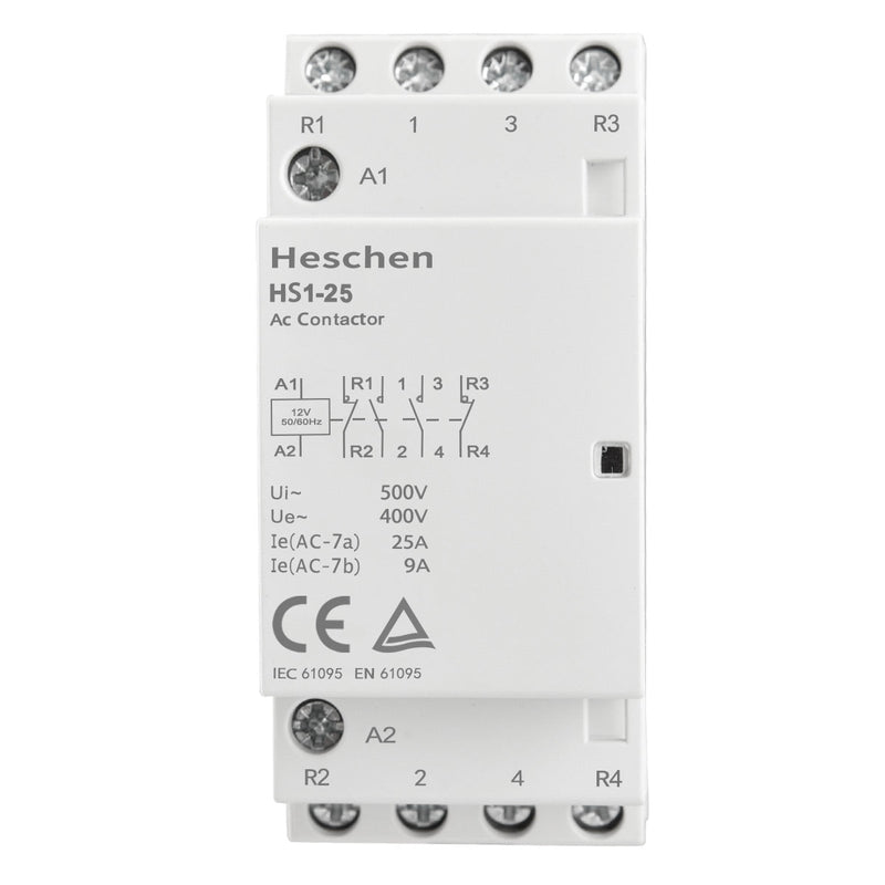 Household AC Contactor HS1-25 Ie 25A 4 Pole 2NO 2NC 12V Coil Voltage 35 mm DIN Rail Mount