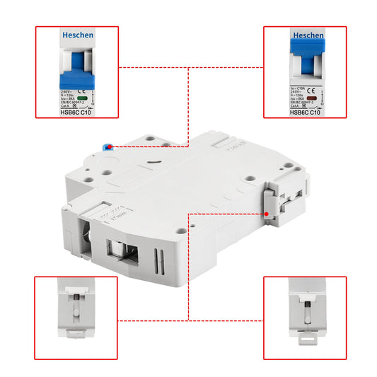 Heschen Miniatur-Schutzschalter HSB6C, 10 Ampere Strom, 1-polig, Typ C, 6kA Ausschaltvermögen, DIN-Schienenmontage