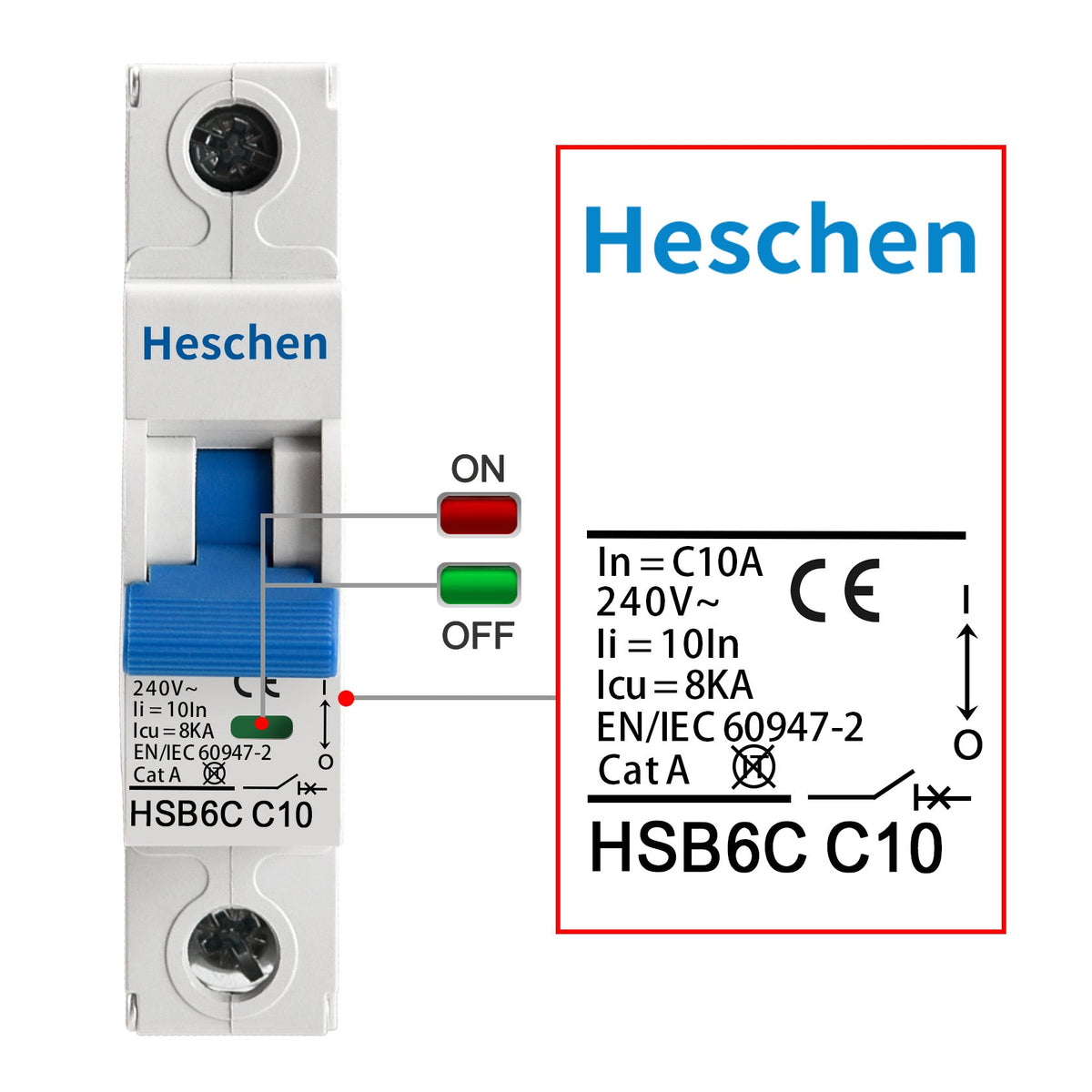 Heschen Miniatur-Schutzschalter HSB6C, 10 Ampere Strom, 1-polig, Typ C, 6kA Ausschaltvermögen, DIN-Schienenmontage