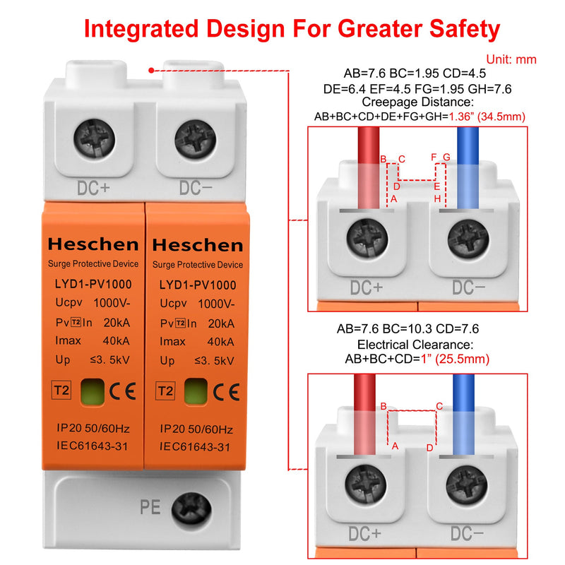 Heschen Surge Protective Device for PV, LYD1-PV1000, 2P 1000VDC 20KA, 35mm DIN Rail Mounting