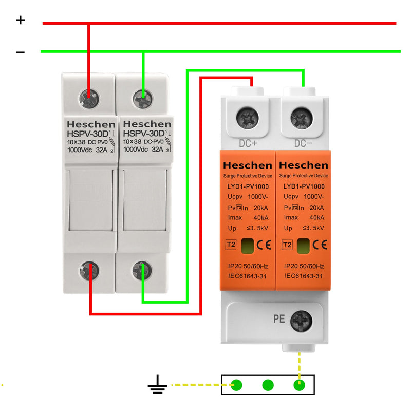 Heschen Surge Protective Device for PV, LYD1-PV1000, 2P 1000VDC 20KA, 35mm DIN Rail Mounting