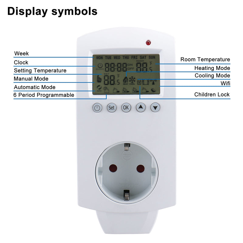 Heschen Plug in Thermostat WG02TP,7 day programmable,LCD Digital Display,Heating & Cooling Outlet,3600W