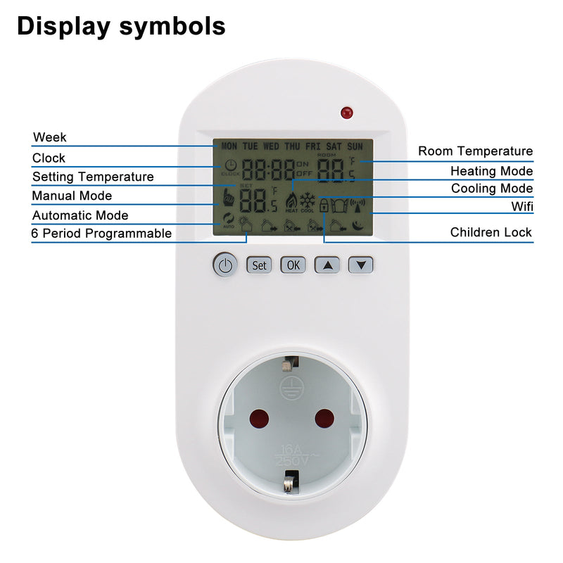 Heschen Plug in Thermostat WG02TPR,7 day programmable,LCD Digital Display,Heating & Cooling Outlet,3600W