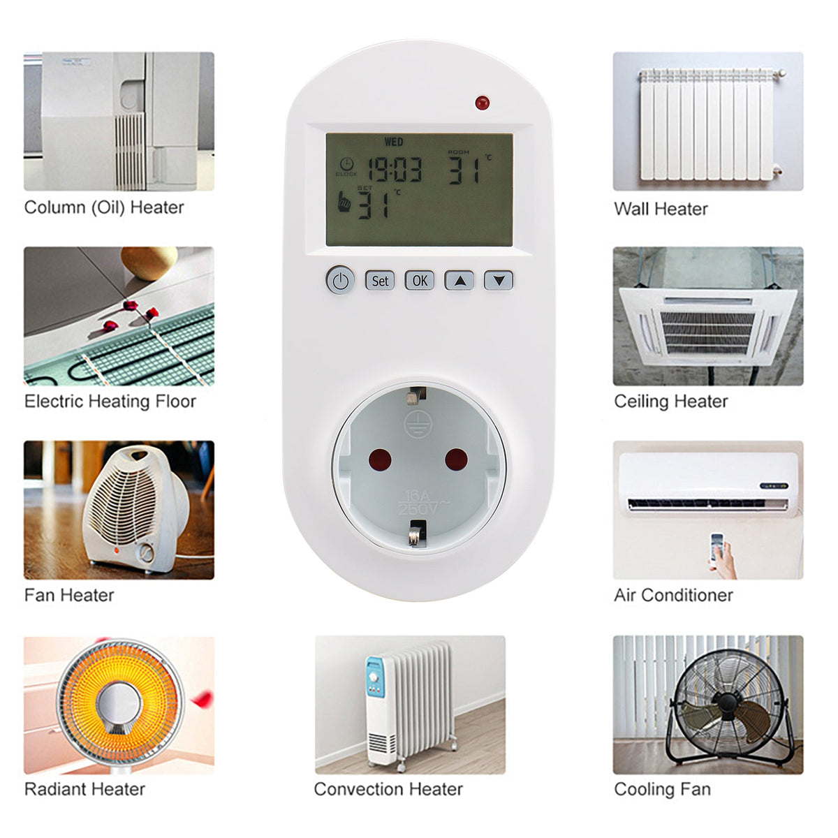 Heschen Plug in Thermostat WG02TPR,7 day programmable,LCD Digital Display,Heating & Cooling Outlet,3600W