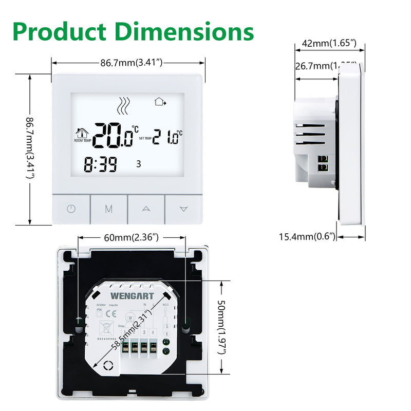 Heschen Programmable Touch Thermostat WG356,AC230V 3A,White