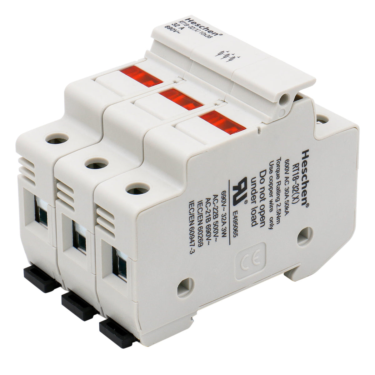 Cylindrical Fuse Holder Base RT18-32(X) 32A AC690V 3 Pole DIN Rail Mounting for 10 x 38mm Fuse CE UL Listed