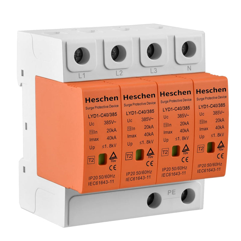 Heschen Surge Protective Device, LYD1-C40/385, 4P 385V 20KA, Fire-Proof, Low-Voltage Arrester, 35mm DIN Rail Mounting