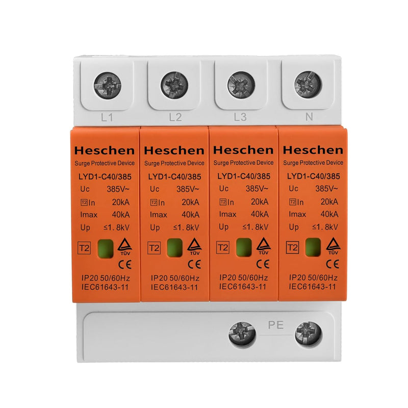 Heschen Surge Protective Device, LYD1-C40/385, 4P 385V 20KA, Fire-Proof, Low-Voltage Arrester, 35mm DIN Rail Mounting