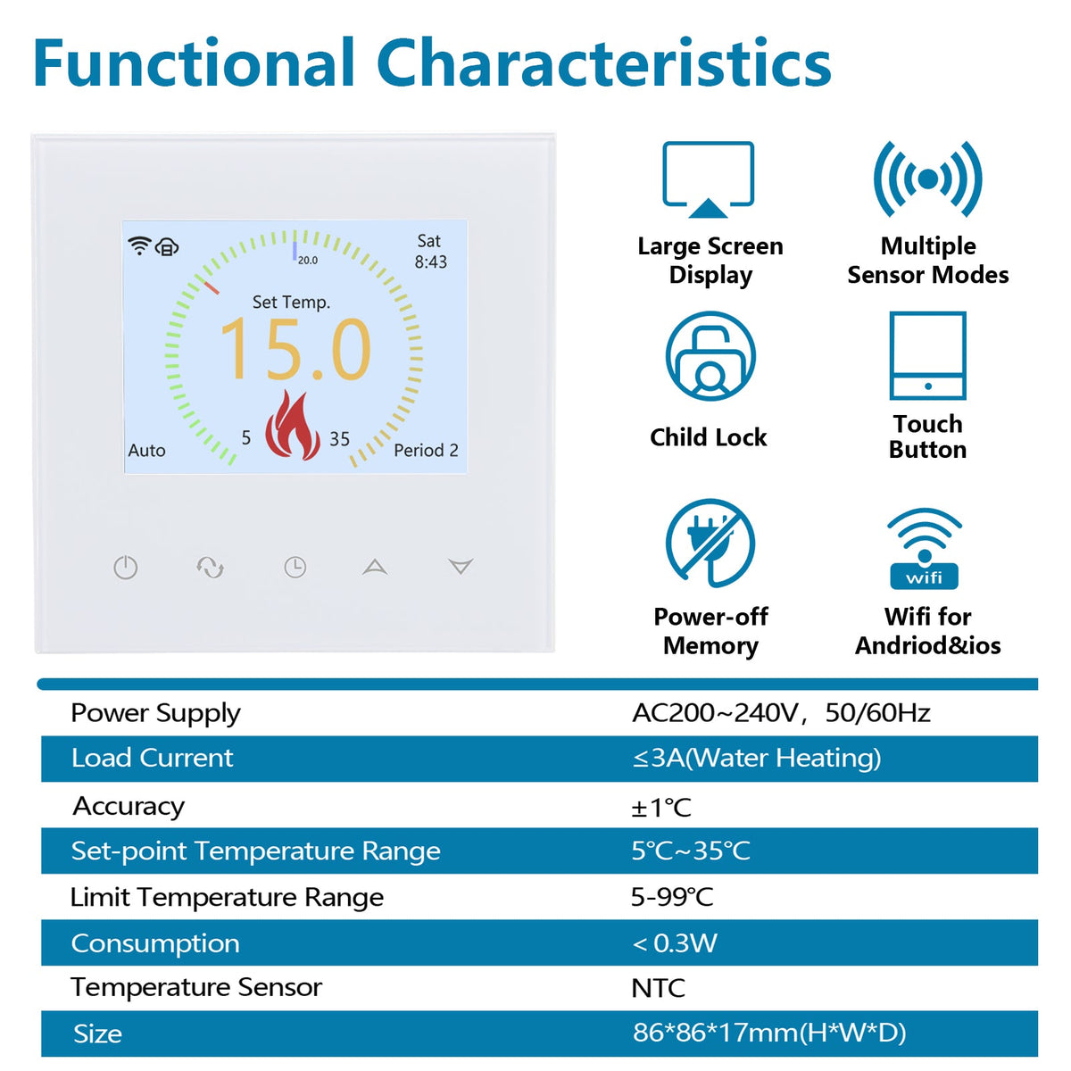 Heschen WiFi Thermostat WG380,AC230V 3A 6 Languages Optional,White