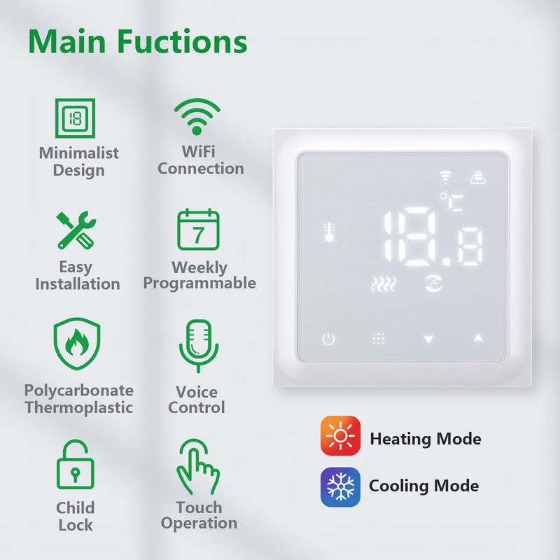 Heschen WiFi Thermostat WG611,Heat and Cold Mode AC230V Max3A 2.4GHz TUYA APP  for Radiant Floor Heating,Compatible with Alexa Echo/Google Home