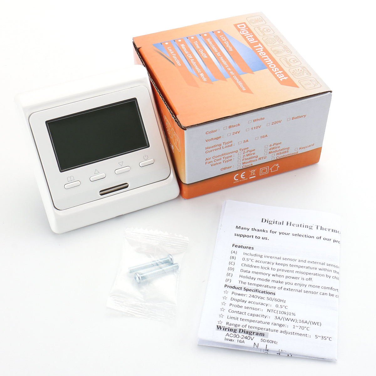 Heschen Room Thermostat WG806, LCD Digital Display, Weekly Programming,16A,Suitable for Electric Heating System, with 3m External Probe, White