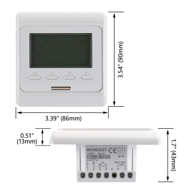 Heschen Room Thermostat WG806, LCD Digital Display, Weekly Programming,16A,Suitable for Electric Heating System, with 3m External Probe, White