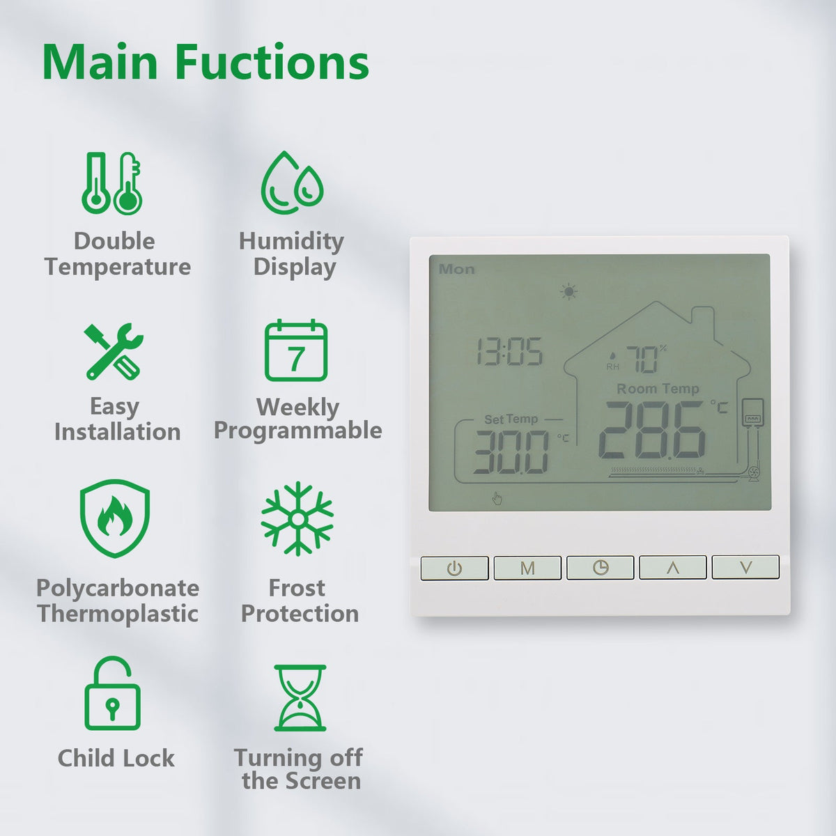Heschen Home Thermostat WG905, programmierbar, für Wassererwärmung mit Feuchtigkeitsanzeige