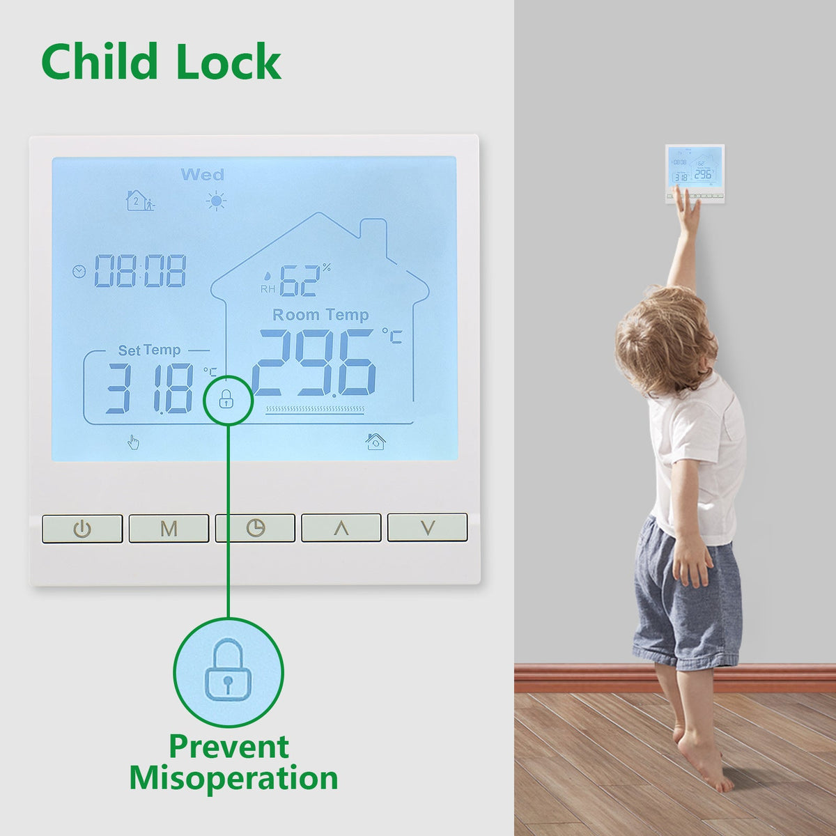 Heschen Home Thermostat WG905, programmierbar, für Wassererwärmung mit Feuchtigkeitsanzeige