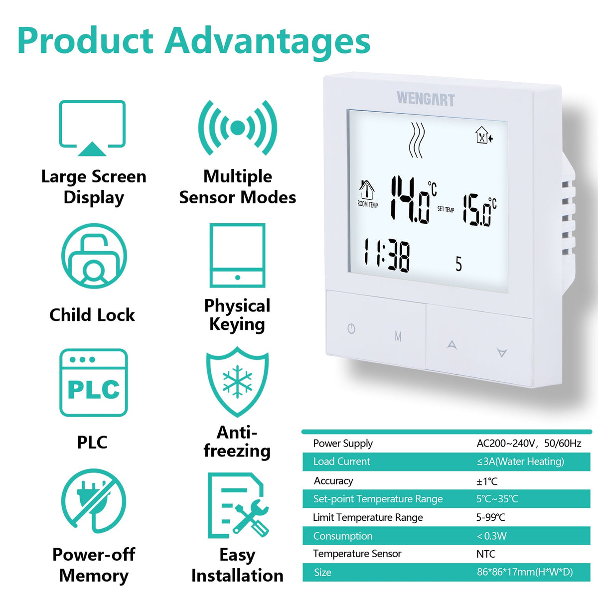 Heschen Tuya Thermostat WG372,AC230V 3A 2,4 GHz WiFi Work for Work for Water Underfloor Heating