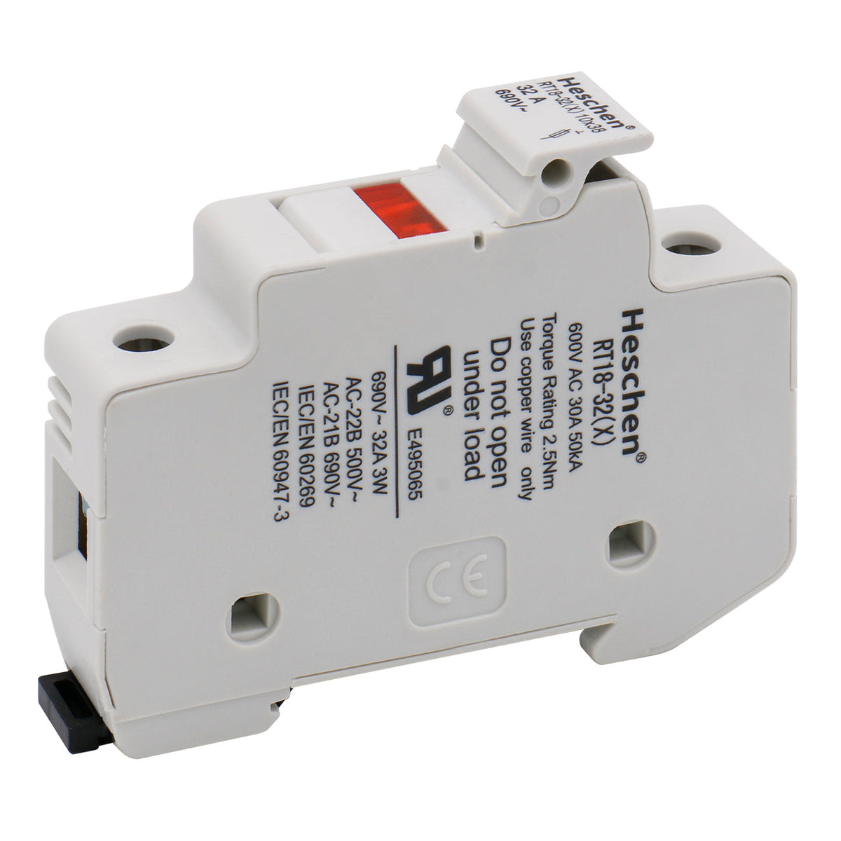 Cylindrical Fuse Holder Base RT18-32(X) 32A AC 690V 1 Pole DIN Rail Mounting for 10 x 38mm Fuse CE UL Listed